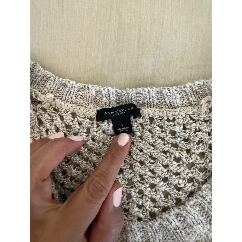 Ann Taylor Open Knit Short Sleeve Sweater‎ Top Oversized Boxy Beige L - Picture 4 of 6